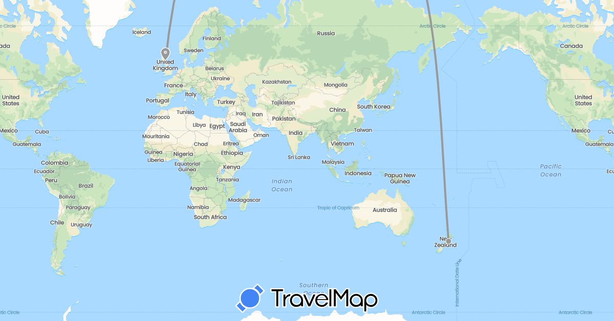 TravelMap itinerary: driving, plane in United Kingdom, New Zealand (Europe, Oceania)